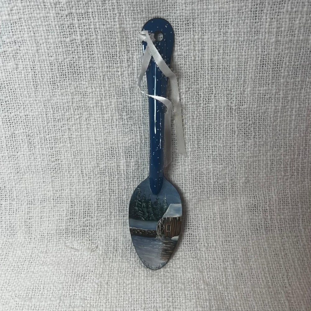 Vintage 1990 Signed Pritchard Spoon Enamel Snowy Lake Collectible Rustic Decor‎